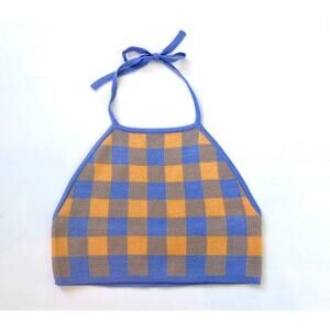 Knit Sweater Blue & Yellow Checkered Crop Halter Top - Size Med - NWOT